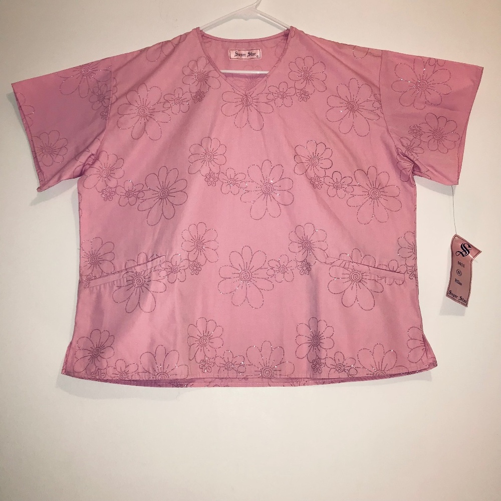 NWT Superstar XL Pink V Neck Scrubs Rhinestone Flower Spring | Easter Vintage